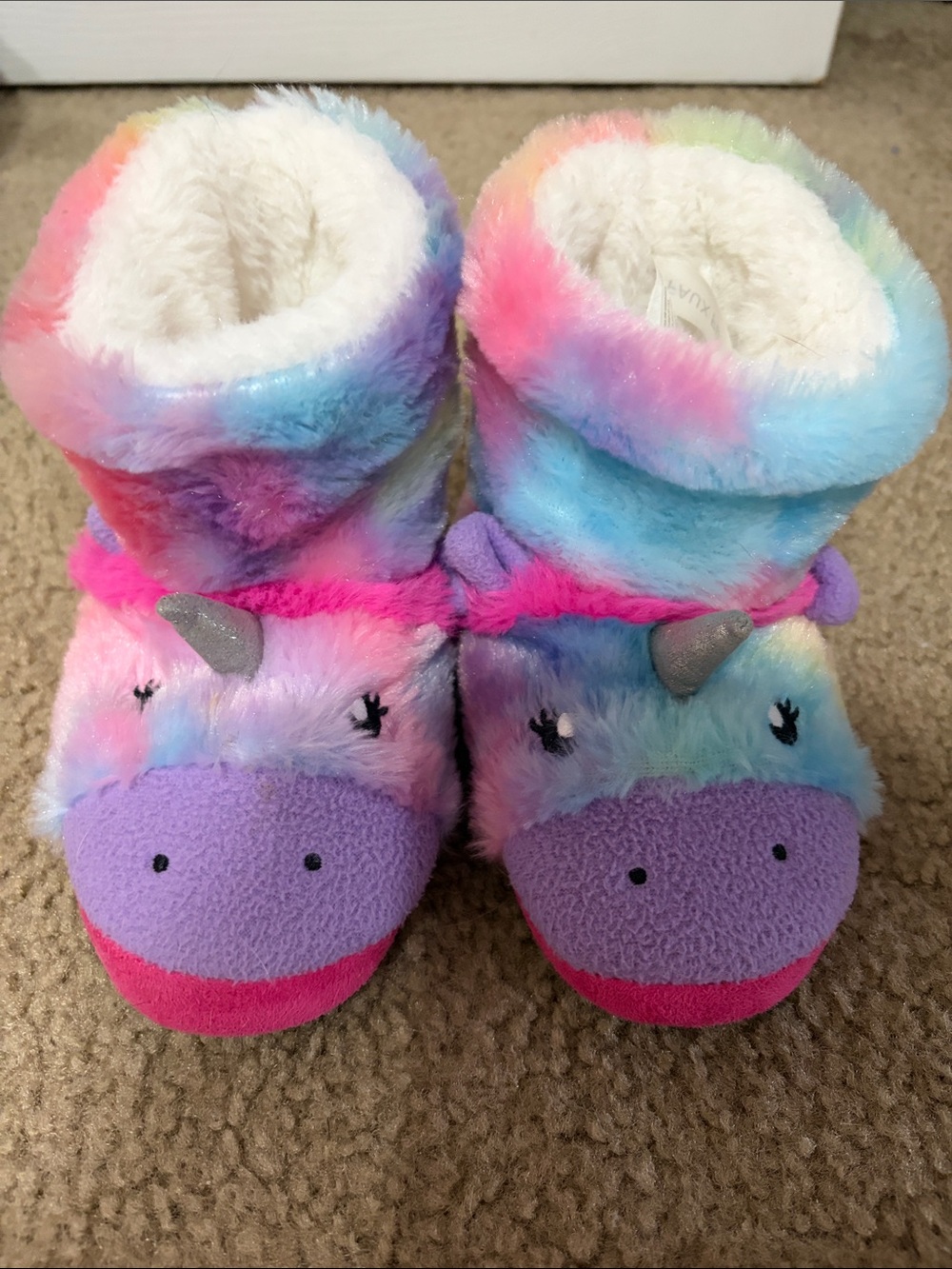 totes Kids Rainbow Unicorn Plush Slipper Boots - Pink, Purple, Blue